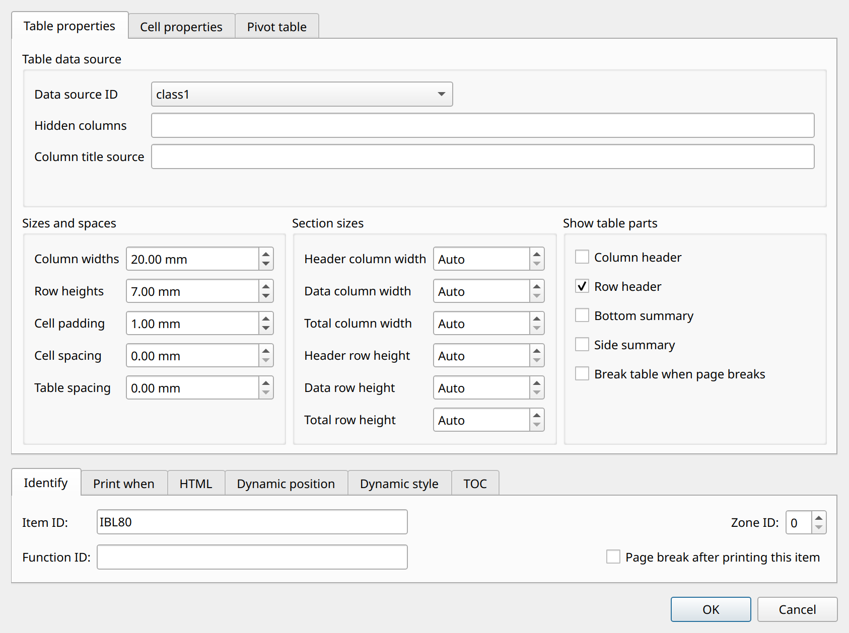 crosstab properties table properties