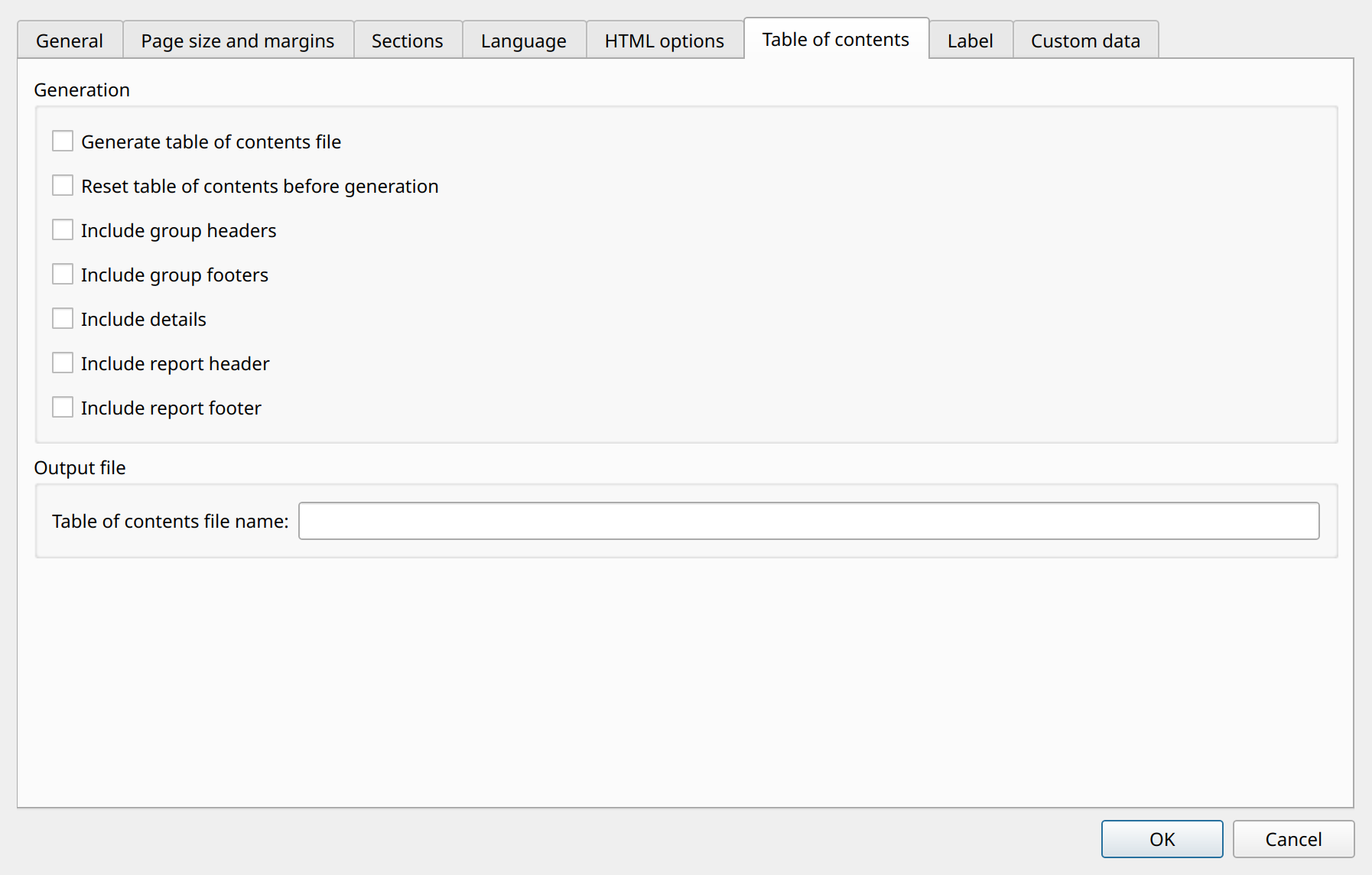 page settings table of contents